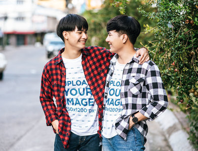 T-Shirt Mockup of Two Men Holding Each Other m4631-r-el2