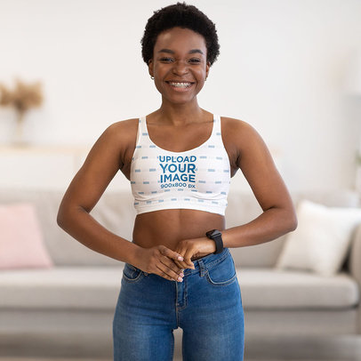 Sports Bra Mockup Featuring a Young Woman with Braces