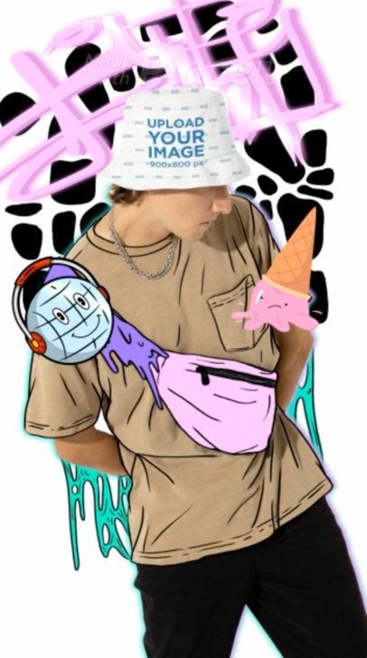 Video of a Bucket Hat Featuring a Man Posing Against Animated  Stickers