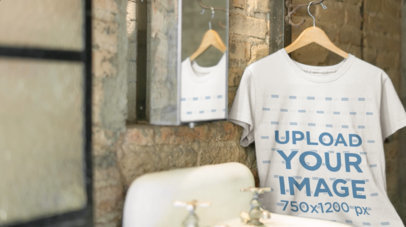 T-Shirt Video Mockup in a Hanger Inside a Vintage Bathroom