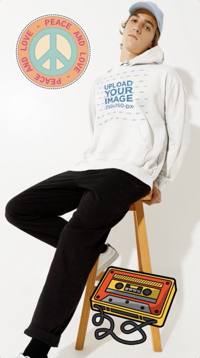 Hoodie Video of a Young Man Sitting on a Stool Featuring Animated Stickers and Musical Notes 