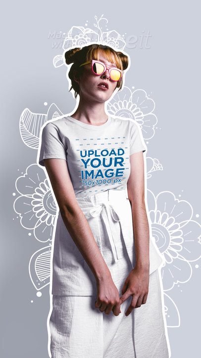 Video of a Young Woman Wearing a Customizable T-Shirt Featuring Floral Animations