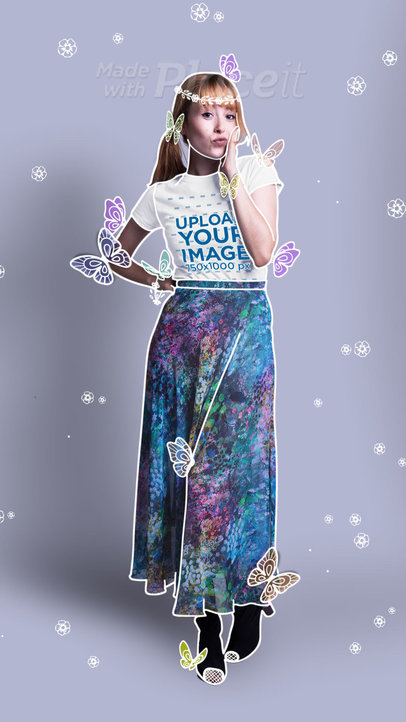 T-Shirt Video Featuring a Woman Surrounded by Animated Graphic Butterflies