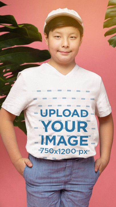 V-Neck T-Shirt Video Featuring a Happy Kid Standing Against Summer-Themed Backgrounds 5521v