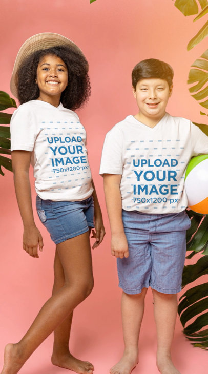 V-Neck T-Shirt Video of Two Happy Kids Posing at a Studio With a Summer Theme 5519v