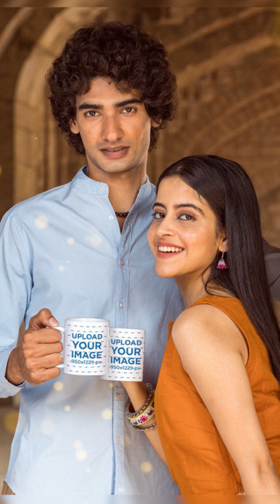 Video of a Man and a Woman Posing with a Coffee Mug by an Ancient Building