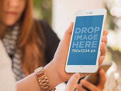 White iPhone 6 Mockup Of Woman Chatting With a Friend