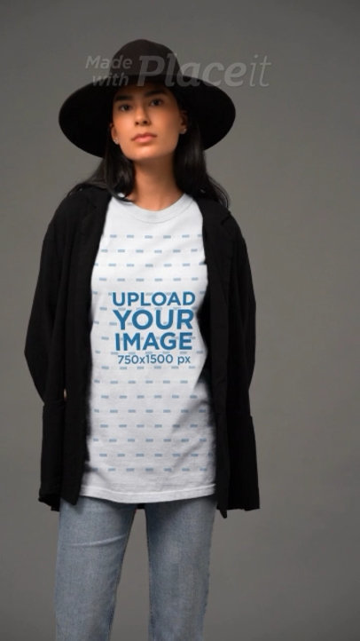 Round-Neck T-Shirt Video Featuring a Serious Woman With a Hat
