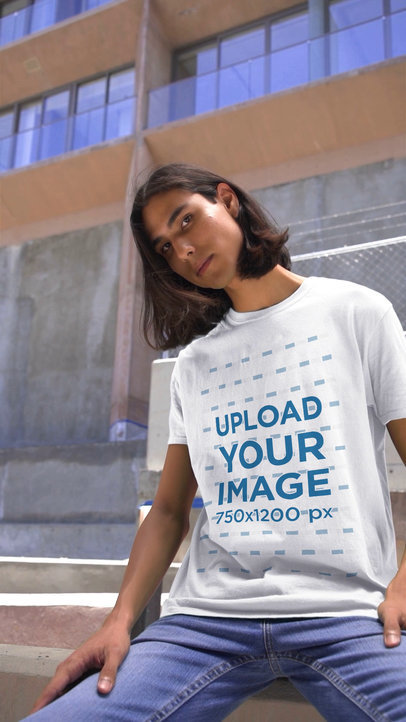 Video of a Man with Long Hair Posing in a Rounded-Neck Bella Canvas T-Shirt