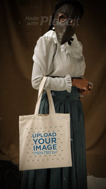 Tote Bag Video Featuring a Woman With a Creepy Mask and Vintage Setting