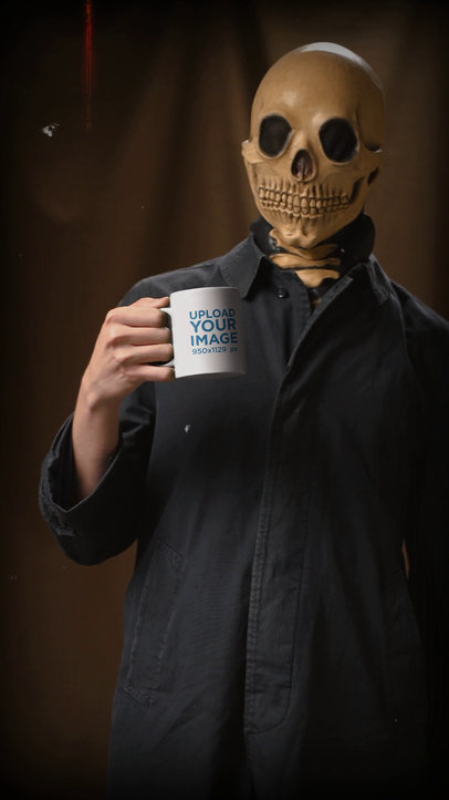 Halloween-Themed Video of a Man with a Skull Mask Holding an 11 oz Coffee Mug 