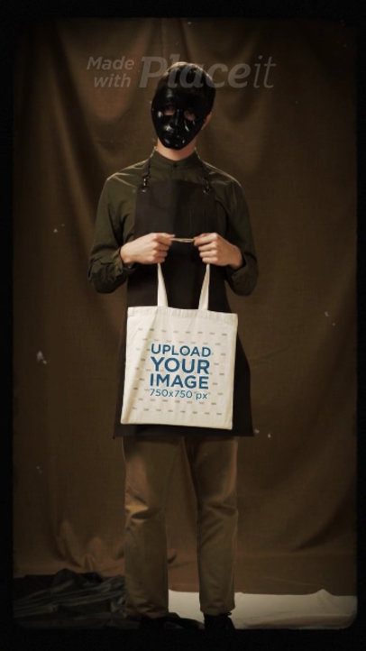 Vintage Tote Bag Video Featuring a Man With a Creepy Halloween Mask