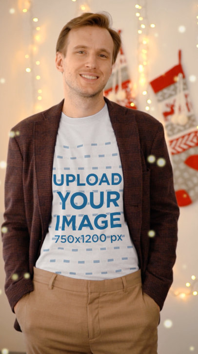 T-Shirt Video Featuring a Smiling Man Posing in a Christmas-Themed Setting 6031v