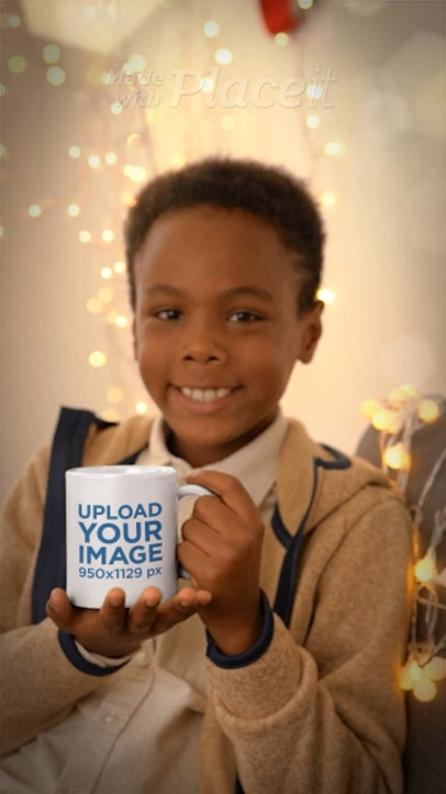 Video of an 11 Oz Mug Featuring a Cute Boy in a Christmas Setting