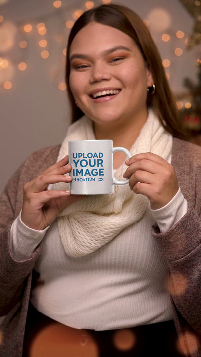 11 oz Mug Video of a Woman Posing by Bokeh-Effect Christmas Lights 6046v