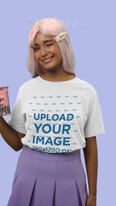 T-Shirt Video Featuring a Kawaii Happy Woman With a Bubble Tea