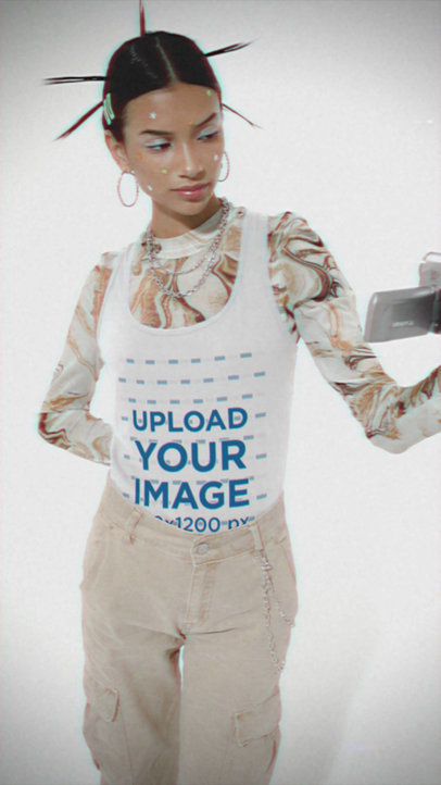 Tank Top Video Featuring a Woman With a Y2K Look Holding an Old Camera