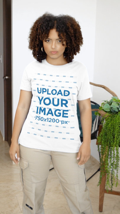 Round-Neck T-Shirt Video Featuring a Curly-Haired Woman Posing for a TikTok Outfit Challenge