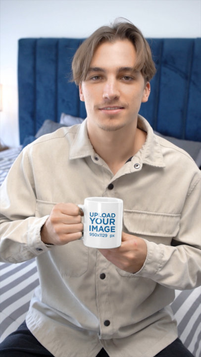 Coffee Mug Video Featuring a Happy Man Posing for a TikTok Challenge