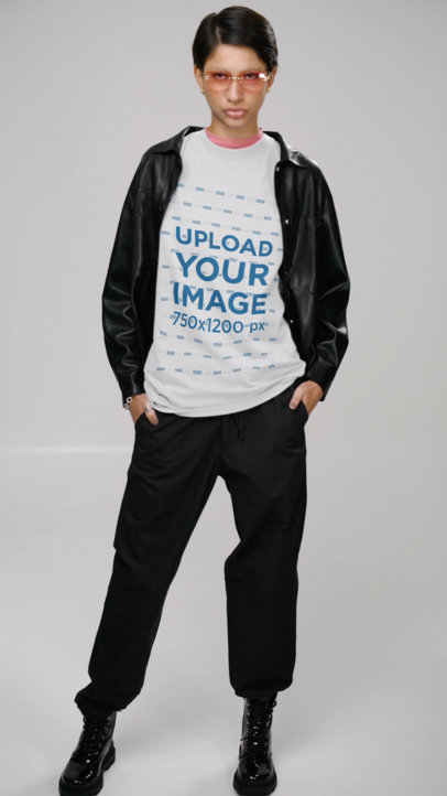 T-Shirt Video Featuring a Short-Haired Woman Posing With a Leather Jacket at a Studio