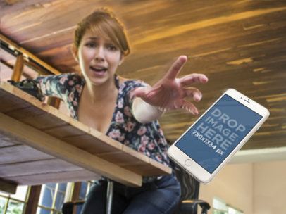 White iPhone 6 Mockup of a Young Woman Dropping her iPhone