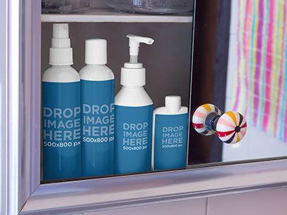 Label Mockup Featuring a Set of Cosmetic Bottles in a Bathroom Cabinet