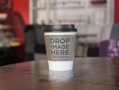 Takeaway Coffee Cup on Wooden Table Label Mockup