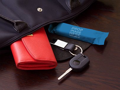 Packaging Mockup Featuring a Granola Bar in a Woman's Purse