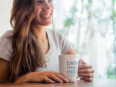 15 oz Coffee Mug Mockup of a Smiling Young Woman Having a Cup of Coffee