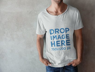 T-Shirt Mockup Template of a Young Man Leaning Against the Wall