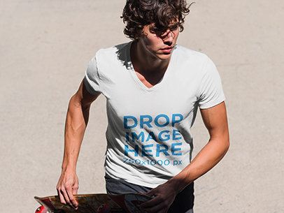 Young Skateboarder Wearing a V-Neck T-Shirt Mockup 6083a