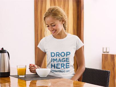 Happy-Looking Woman Having Breakfast T-Shirt Mockup