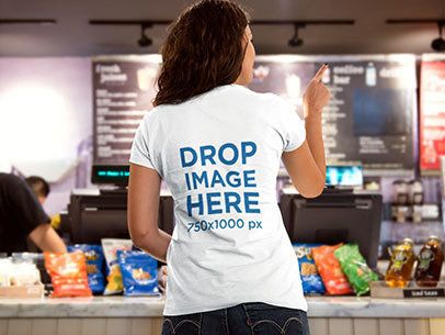 Young Lady Ordering Food at a Cafe T-Shirt Mockup a8408