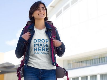 Female Backpacker at a Train Station T-Shirt Mockup 