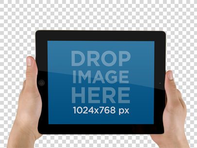 Mockup of Someone Holding a Black iPad in Landscape Position