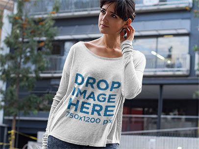 Long Sleeve T-Shirt Mockup of a Woman Outside her Flat 