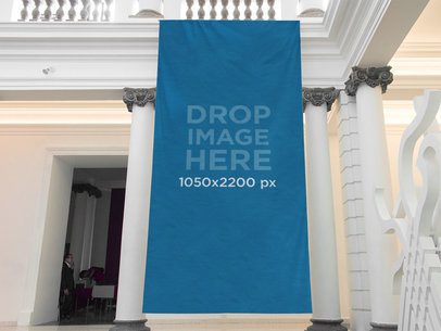 Vertical Banner Mockup Hanging From a Balcony at a Museum a10567