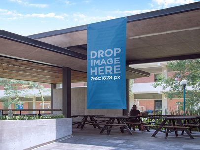 Vertical Banner Mockup Hanging From a Cafeteria's Ceiling a10580