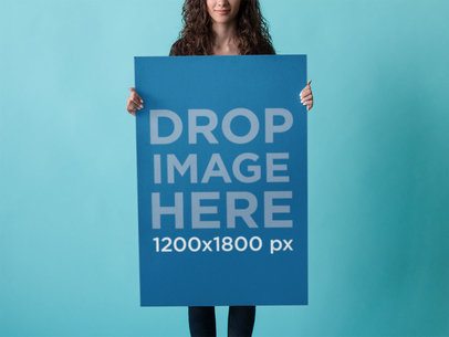 Poster Mockup of Pretty Woman Over a Blue Backdrop