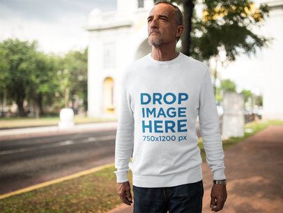 Long Sleeve Tee Mockup of White Elder Man Standing Outdoors