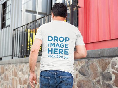 Back of a Middle Aged Man Wearing a Tshirt Template Walking on the Street