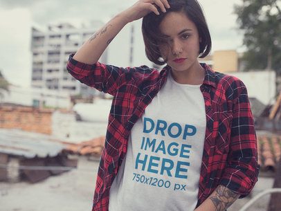 Hipster T-Shirt Mockup of a Woman Wearing a Plaid Shirt