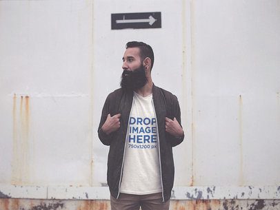 T-Shirt Mockup Featuring a Hipster Bearded Man Carrying a Backpack
