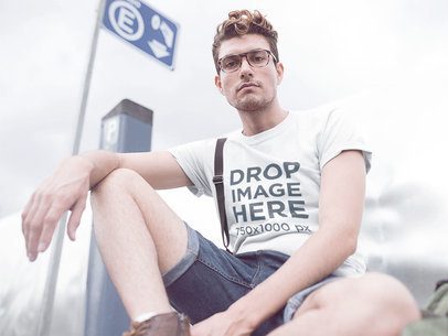 T-Shirt Mockup of a Hipster Guy Wearing Denim Shorts