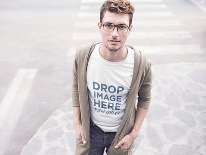 Young Hipster Wearing a Tee and Glasses in the Street Mockup