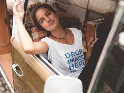 Urban Style Woman Wearing a Tee in a Minivan Mockup