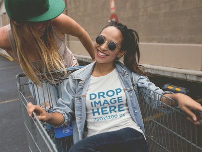 T-Shirt Mockup of Two Women Playing With a Shopping Cart