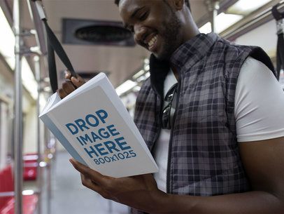 Book Cover Mockup of a Young Man Reading a Paperback on the Metro