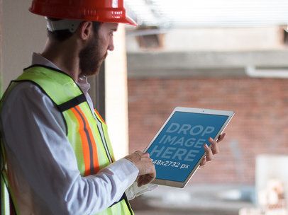 Mockup of a Man Using His iPad in Portrait Mode and Wearing a Construction Vest
