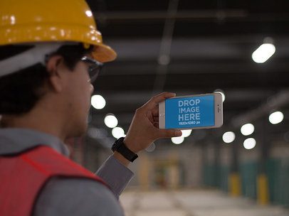 White iPhone Mockup in Landscape Position Held by an Architect